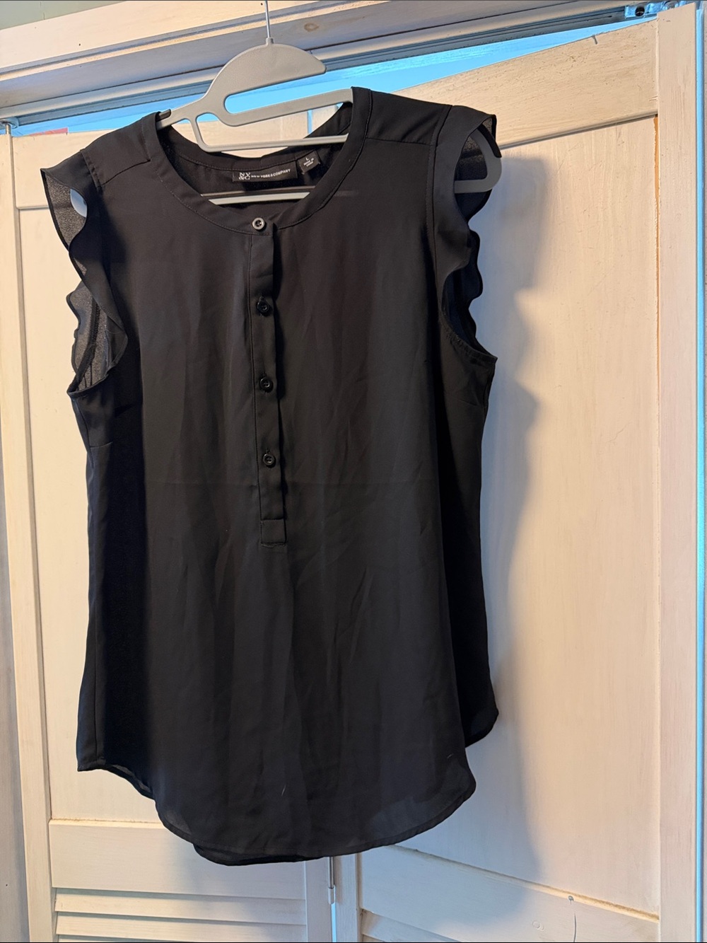New York & Company Black Ruffle Sleeve Button-Front Blouse